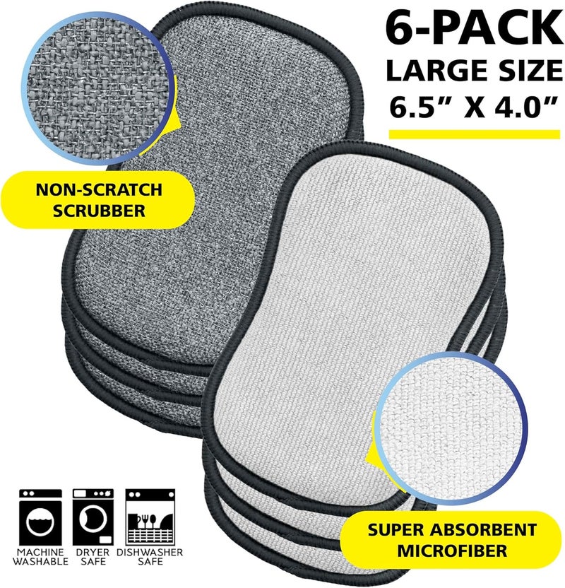 TUFF-SCRUB Fresh Scrub-N-Wipe Pad by , 6-Pack, Antimicrobial & Charcoal Foam for Odor Control, Microfiber, Multi-Surface, Non-Scratch, Dual-Sided, Machine Washable, Kitchen Sponge (Large) - Image 2
